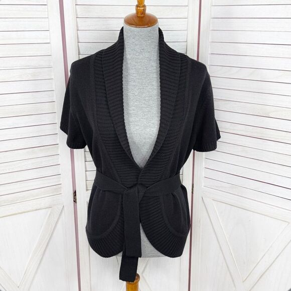 Belldini Shawl Collar Belted Cardigan Sweater Black Large Short Sleeve Open - Picture 1 of 13